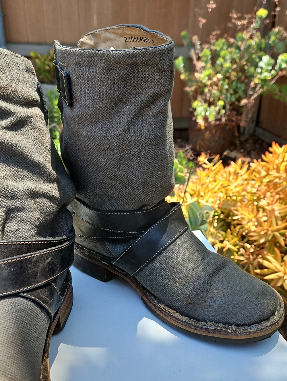 Distressed Canvas Slouch Biker Boots in Olive-Grey with Leather Strap